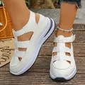 White platform gladiator sandals with velcro straps shown on model outdoors - 38 / Style 2 / White