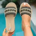 Ethnic style flat slide sandals with decorative woven strap and hemp rope sole - 36 / Black