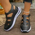 Close-up of black faux leather platform sandals with cut-out design and hook-and-loop straps - 38 / Style 2 / Black