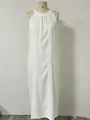 Detailed view of white halter maxi dress with delicate vertical lace embroidery - S / Dresses / Light Blue