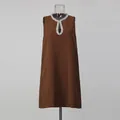 Elegant brown sleeveless straight mini dress with rhinestone keyhole neckline detail - S / Coffee