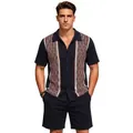 Men's summer knit polo shirt and shorts set with vertical geometric pattern - M / Top And Bottom / Black