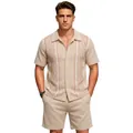Men's summer jacquard knit two-piece outfit with polo shirt and matching shorts set - M / Top And Bottom / Apricot