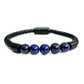 Herren Lederarmband geflochten mit blauen Tigerauge Perlen und Magnetverschluss - Blaues Tigerauge Stein