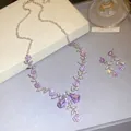 Elegant bridal jewelry set featuring purple crystal flower necklace and matching earrings - Earrings Necklace Set / Purple