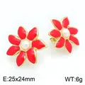Boucles d'oreilles fleur émail rouge et perle en acier inoxydable doré chic - Rouge