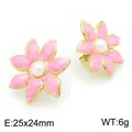 Boucles d'oreilles vintage fleur en émail rose et perle en acier doré, taille 25x24mm. - Rose