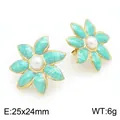 Boucles d'oreilles fleurs en émail sarcelle et perles en acier doré, taille 25x24mm - Bleu Cyan