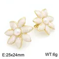 Boucles d'oreilles vintage en émail blanc avec perles en acier inoxydable doré chic. - Blanc Cassé