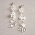 Close-up of translucent acrylic flower tassel earrings with clear waterdrop pendants. - Silver Post (HE35522) / White