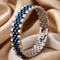 Bracelet en acier inoxydable bicolore argent et bleu style maillon de montre unisexe - 12mm / Argent Bleu