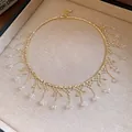 Elegant gold lace fringe choker necklace with clear crystal beads for women's high-end jewelry - Choker Necklace / Gold-White