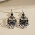 Boucles d'oreilles bohèmes vintage avec pierres en résine noire et pompons en métal - Style Crochet d'Oreille (58#) / Argent-Noir