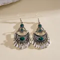 Boucles d'oreilles pendantes style chinois avec résine verte et glands de feuilles argentés - Style Crochet d'Oreille (59#) / Argent-Vert