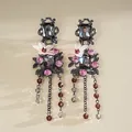 Vintage kwastje oorbellen met donkergrijze stenen en roze harsbloemen - Gunmetal Roze Bloem Kwastje Stijl (54#) / Gun Black-Roze