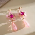 Élégantes boucles d'oreilles fleur en résine rose avec centre cristal et pendentif larme - Style Tige en Argent (61#) / Rose
