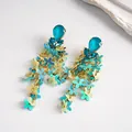 Boucles d'oreilles pendantes fleurs en résine bleu et jaune avec pierres. - Style Tige en Argent (68#) / Bleu