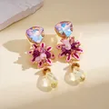 Boucles d'oreilles florales en résine violette avec cristaux en goutte d'eau - Style Tige en Argent (69#) / Or-Rose