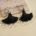 Boucles d'oreilles élégantes à franges en perles noires et gouttes de cristal, style chinois - Crochet d'Oreille - Gland en Forme d'Éventail / Argent-Noir