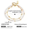 Detail showing double-layer stainless steel bracelet with white pearls and gold beads - Double Layer Pearl Metal Chain Style (JDB0307060)