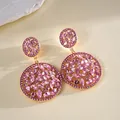 Gedetailleerde macro-opname van elegante roze strass hangende oorbellen met gouden laag - Zilveren Stift Roze Dubbele Laag Cirkel Hanger (6#) / Set van 1 paar / Goud