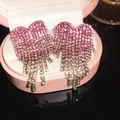 Gedetailleerde close-up van de sprankelende roze strass-oorbellen met franje detail - Vleugel Gradiënt Kwastje (36#) / Set van 1 paar / Roze-Groen