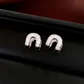 Close-up of minimalist horseshoe earrings with pavé-set zircons on a black background - Clasp Back / Silver