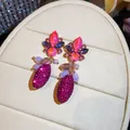 Prachtige elegante roze strass waterdruppel oorbellen met zirkoon in luxe uitvoering - Gouden Vlinder Waterdruppel Hanger Stijl (59#) / Goud-Roze