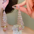 Lange roze kristallen oorbellen met gouden waterdruppelhangers voor elegante stijl - Zilveren Oorsteker Meerlaagse Gelaagde Waterdruppel Hanger Stijl (61#) / Set van 1 paar / Roze-Goud
