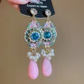 Elegante luxe roze vlinder oorbellen met blauwe zirkoon stenen en parelmoer kralen - Zilveren Oorsteker Bohemian Stijl Waterdruppel Hanger Stijl (63#) / Set van 1 paar / Roze-Goud