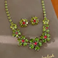 Zoete stijl groene bloem zirkoon ketting en oorbellen sieradenset voor elegante dames mode - Ketting En Oorbellen Set / Zilver-Groen