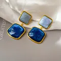 Vintage-Ohrhänger mit sternenblauem Farbverlauf, goldenem quadratischem Rahmen und Harz - Silberner Ohrstecker - Gold - Blau