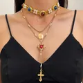 Vintage layered gold necklace set with red heart gem and crucifix pendant for women - Tassel Heart Cross Layered Set (M-819) / Gold