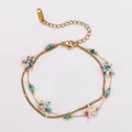 Close-up detail of double-layer stainless steel bracelet with colorful starfish charms - Colorful Glazed Starfish (Starfish Style 2) / 17+5cm