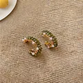 Forest style golden C-shaped hoop earrings featuring green beads and white pearls - C-Shaped Beaded Earrings (2#)