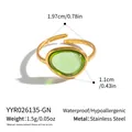 Detailed product view of a vintage green gemstone open ring with dimensions and specs - Oval Green Gemstone Style (YYR026135-GN) / Gold