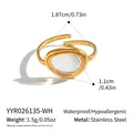 Detailed view of gold stainless steel open ring with measurements and specifications. - Oval White Gemstone Style (YYR026135-WH) / Gold