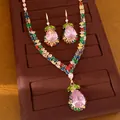 Parure collier et boucles d'oreilles vintage avec zircons colorés en goutte d'eau. - Boucles d'Oreilles et Collier (Rose/Multicolore) / Or