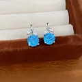 Elegant silver stud earrings featuring round cyan zircon and white leaf-shaped stones. - Earrings / Silver Earring Post - Silver - Blue
