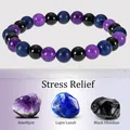 Bracciale in perle di ametista, lapislazzuli e ossidiana nera per alleviare lo stress - Sollievo dallo Stress