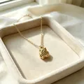 Detailopname van een gouden uil hanger ketting gepresenteerd in een beige fluwelen doosje. - Goud