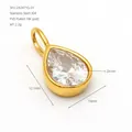 Close-up of a pear-shaped zircon pendant in gold-plated stainless steel with measurements. - White
