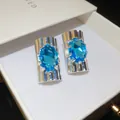 Detailopname van sprankelende blauwe ovale zirkoon oorknopjes in juwelendoos - Oceaan Ijsblauw Ovale Stijl (HE35735) / Zilveren naald / Zilver-Blauw