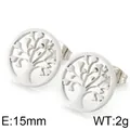 Boucles d'oreilles arbre de vie argentées avec feuilles en cœur, diamètre 15mm - Plaque Ronde Arbre de Vie (KE75216-K)