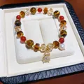 Close-up of vintage beaded bracelet with tiger eye stones and golden gourd pendant - 5# Bracelet - Gold - Coffee - Red