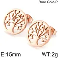 Boucles d'oreilles clous Arbre de Vie or rose avec feuilles en forme de cœur - Plaque Ronde Arbre de Vie (KE75217-K)