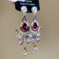 Vintage chandelier earrings with teardrop purple crystals and dangling faceted beads. - 49# Deep Purple Drop Zirconia Tassel Style (Y5670) / 925 Silver Post Style / Gold-Pink