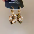 Vintage tiger eye and gold bead cluster hoop earrings for elegant banquet party wear - Tiger Eye Texture Stacked Tassel Style (JP13670) / Silver Earring Post Style / 51# Gold-Brown