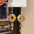 Vintage floral tassel earrings featuring blue crystals and shimmering zircon water drops - Floral Ring Water Drop Tassel Style (Y5670) / 52# Gold-Multicolor