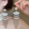 Elegant vintage silver needle tassel earrings featuring white flower and fan-shaped drop design - Vintage Flower Tassel Style (62#) / Hook Style / White